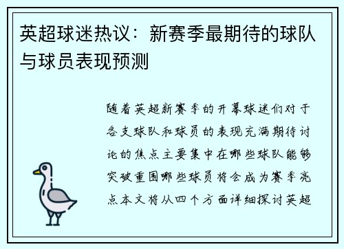 英超球迷热议：新赛季最期待的球队与球员表现预测