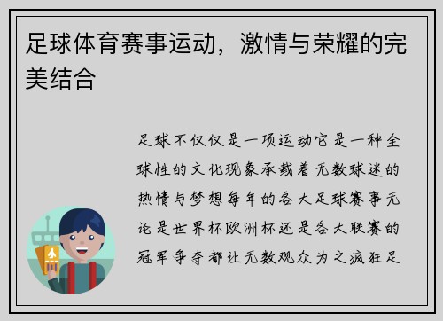 足球体育赛事运动，激情与荣耀的完美结合